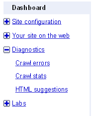 Google Webmaster Tools menu